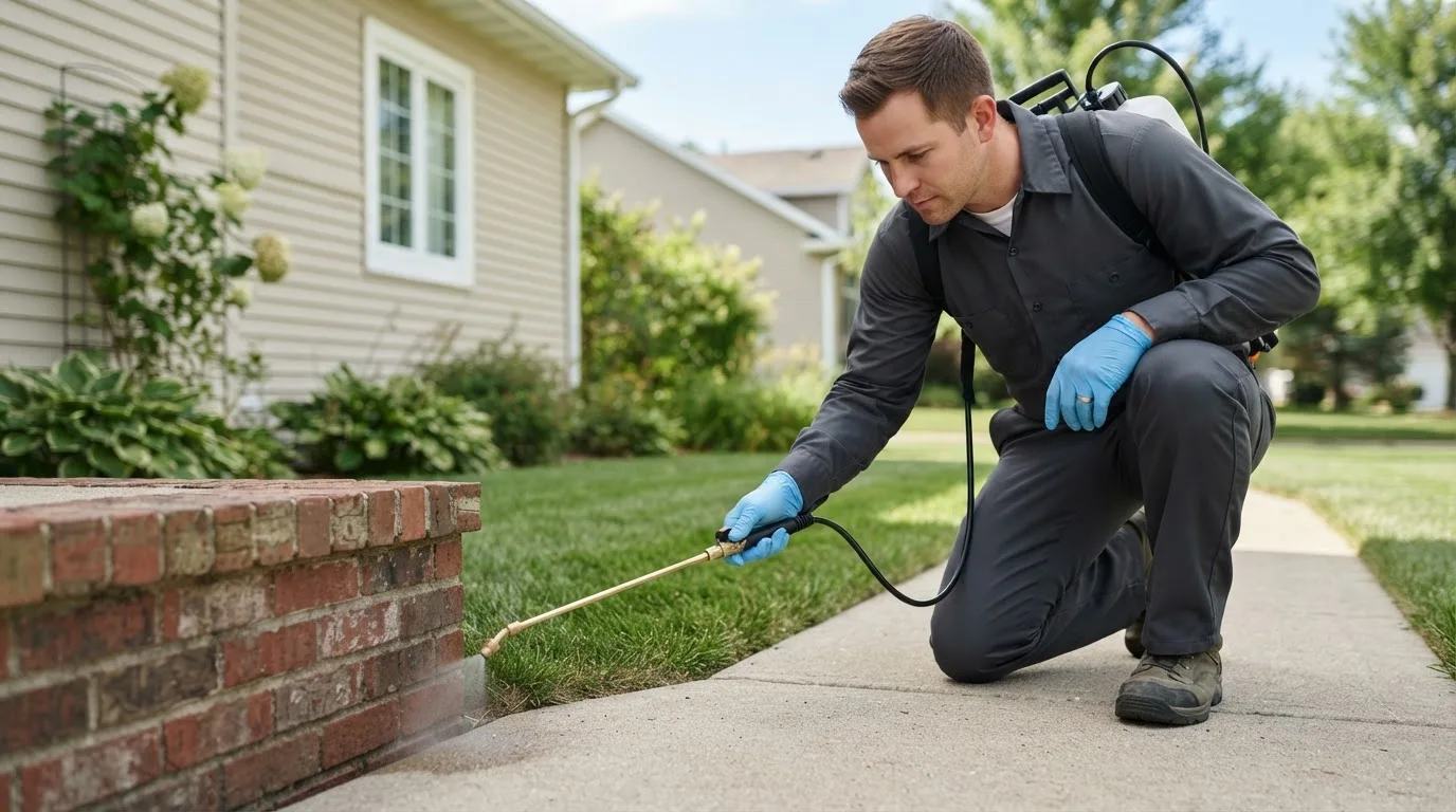 Pest control technician treating a home near Brooklyn, IA