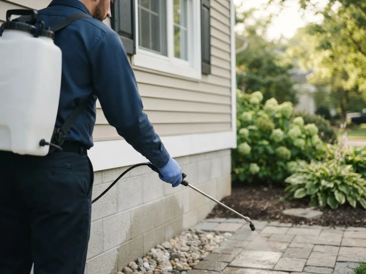 Pest control technician inspecting a home in Brooklyn, IA
